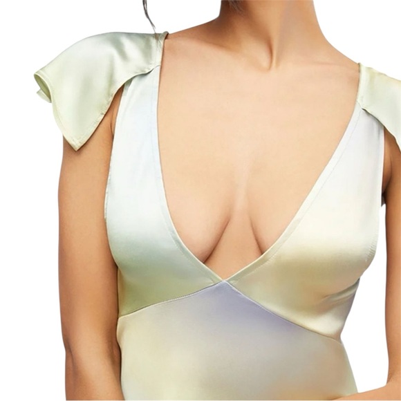 WeWoreWhat Green and Yellow Watercolor Lace Midi Slip Dress Flutter Sleeve Gown - Picture 5 of 10